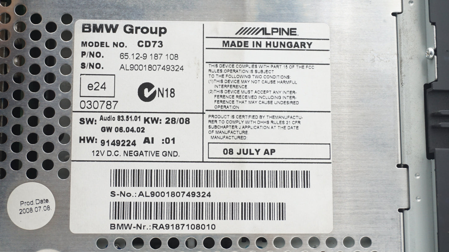 REFURBISHED BMW 1 3 SERIES PROFESSIONAL CD73 RADIO HEAD UNIT 9187108