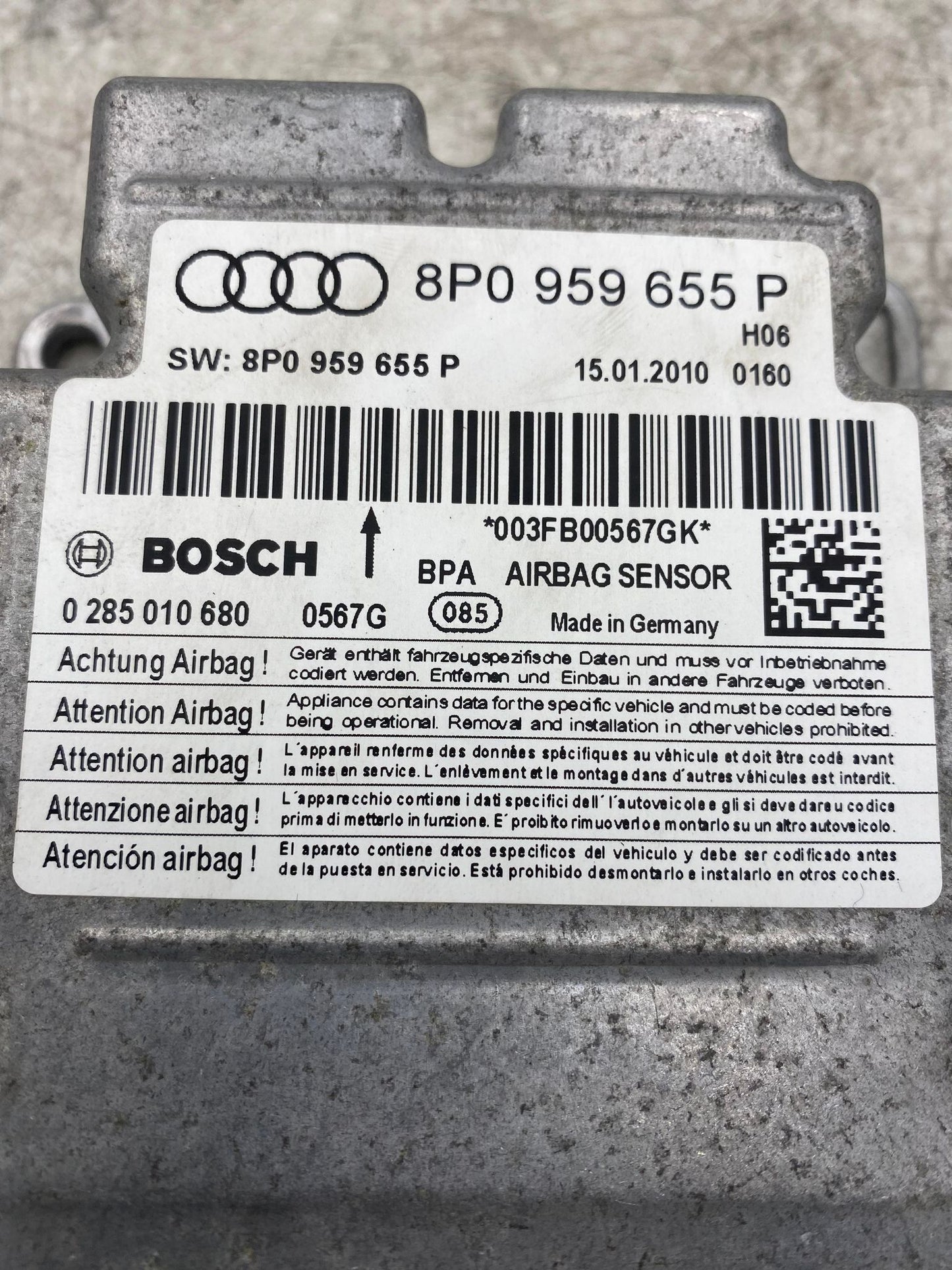 AUDI A3 AIRBAG CONTROL MODULE 8P0959655