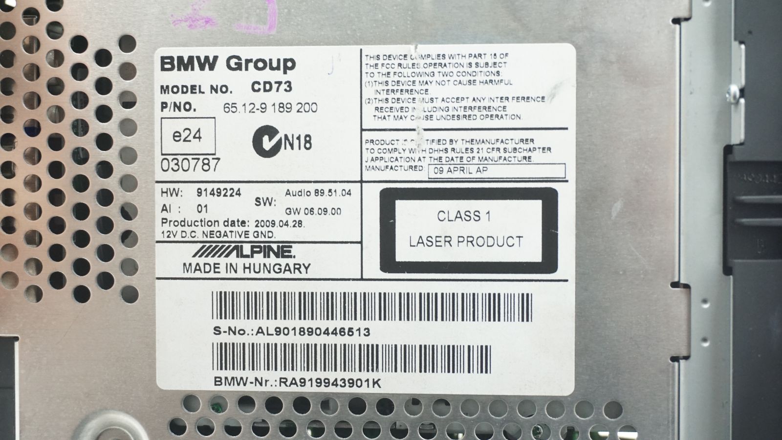 REFURBISHED BMW 1 3 SERIES PROFESSIONAL CD73 RADIO HEAD UNIT 9189200
