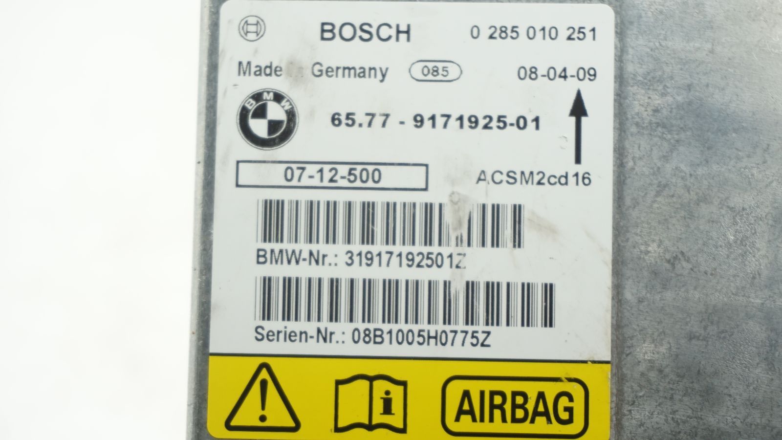 BMW 1 3 X1 SERIES E81 E87 E90 E91 CONTROL UNIT AIRBAG ECU NO CRASH DATA 9171925